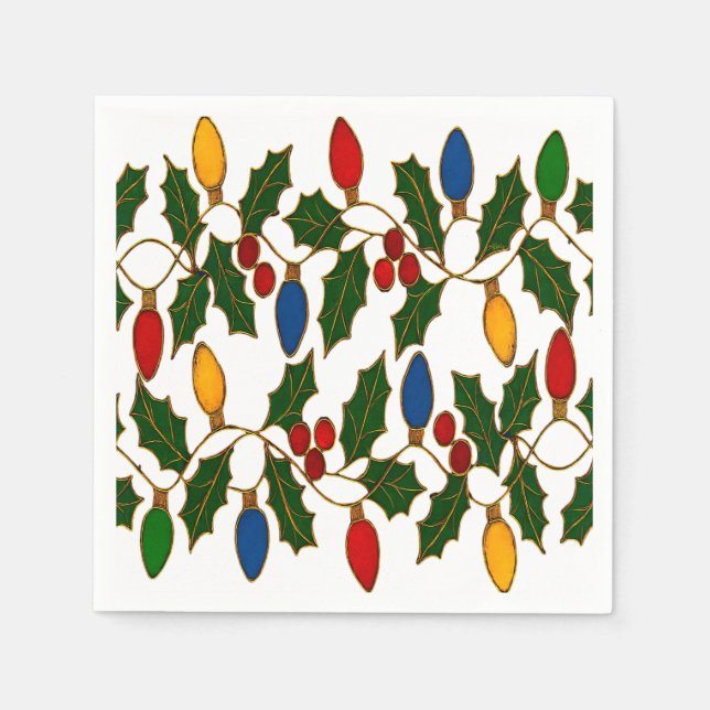 Cloisonne Art Christmas Lights and Holly Napkin (Front)