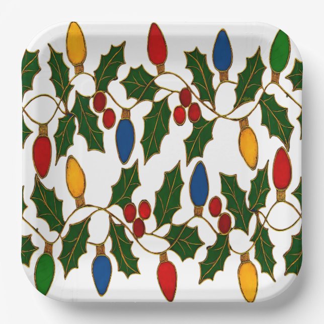 Cloisonne Art Christmas Lights and Holly Paper Plate (Front)