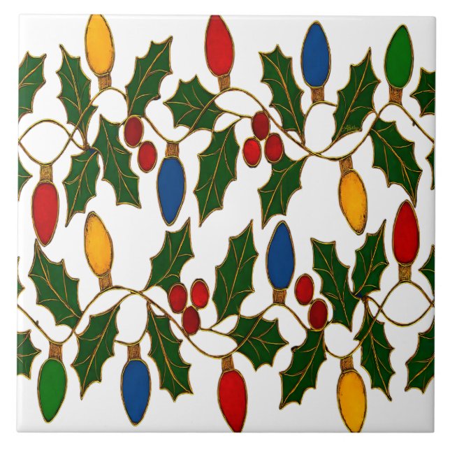 Cloisonne Art Christmas Lights and Holly Tile (Front)