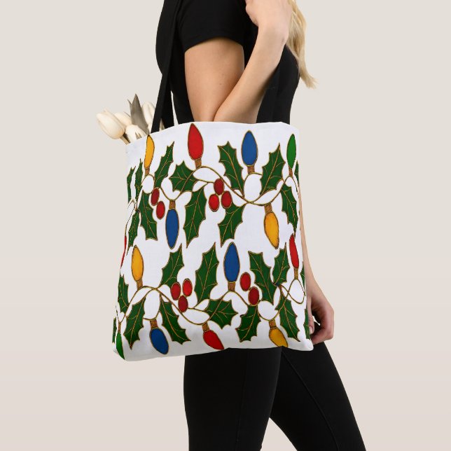 Cloisonne Art Christmas Lights and Holly Tote Bag (Close Up)