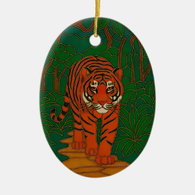 Cloisonne Art Tiger on the Jungle Path Ceramic Ornament (Front)