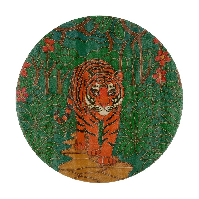 Cloisonne Art Tiger on the Jungle Path Cutting Board (Front)