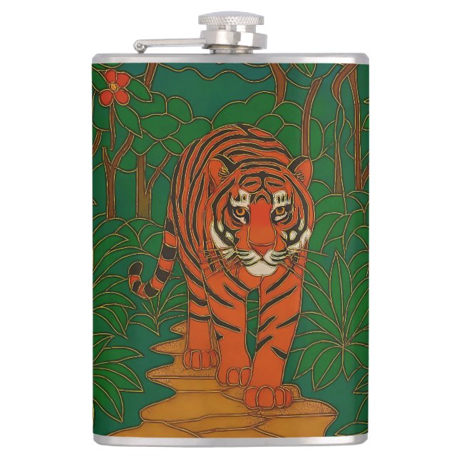 Cloisonne Art Tiger on the Jungle Path Hip Flask (Front)