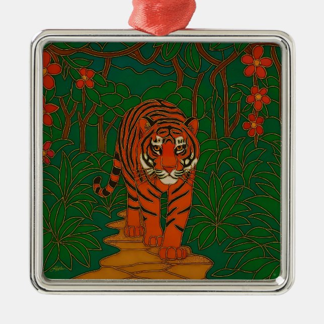 Cloisonne Art Tiger on the Jungle Path Metal Ornament (Front)