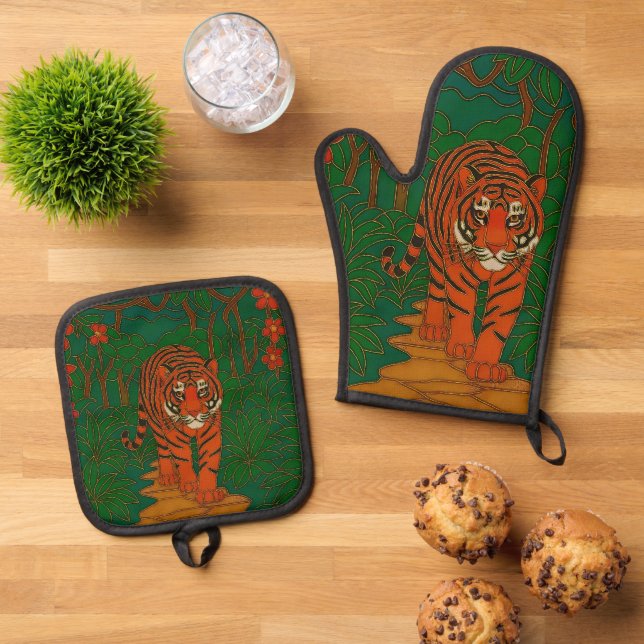 Cloisonne Art Tiger on the Jungle Path Oven Mitt & Pot Holder Set (Top Down)