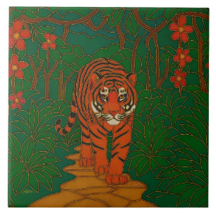 Cloisonne Art Tiger on the Jungle Path Tile