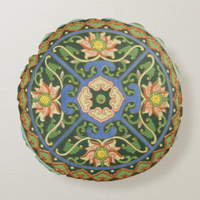 Cloisonne China Patter Asian Oriental Round Pillow (Front)
