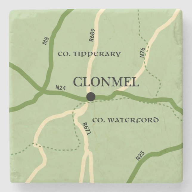 Clonmel County Tipperary Ireland Road Map Stone Coaster (Front)
