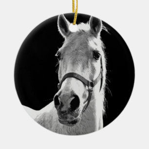 Close-up Black White Horse in Night Ceramic Ornament