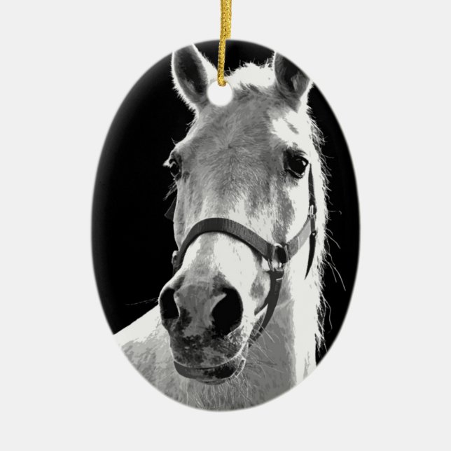 Close-up Black White Horse in Night Ceramic Ornament (Front)