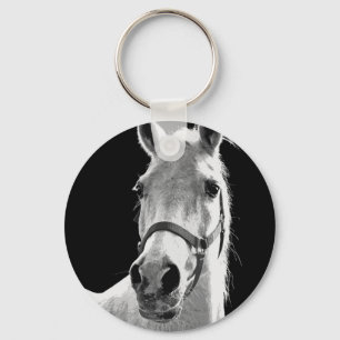 Close-up Black White Horse in Night Keychain