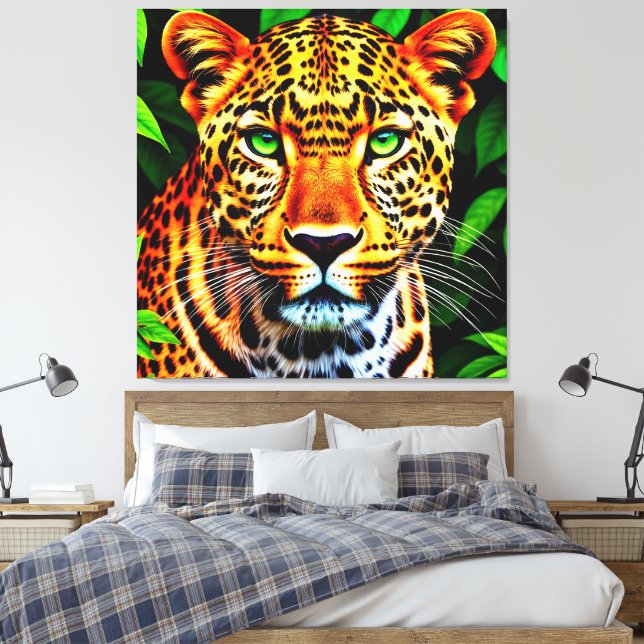 Close-Up Jaguar Leopard Face with Green Eyes Canvas Print (Insitu(Bedroom))