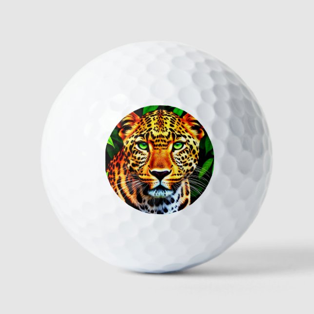 Close-Up Jaguar Leopard Face with Green Eyes Golf Balls (Front)