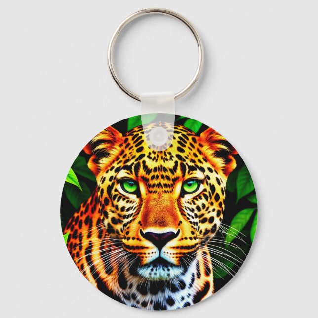 Close-Up Jaguar Leopard Face with Green Eyes Keychain (Front)