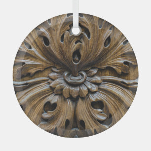 Close-Up Oak Wood Carving: Carpentry Detail Glass Ornament