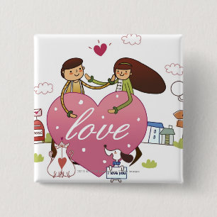 Close-up of a couple holding a heart shape 2 inch square button