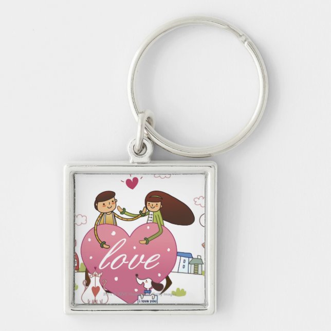 Close-up of a couple holding a heart shape keychain (Front)