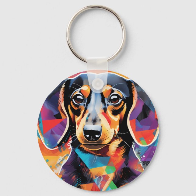 Close up of a dachshund dog on colourful backgroun keychain (Front)