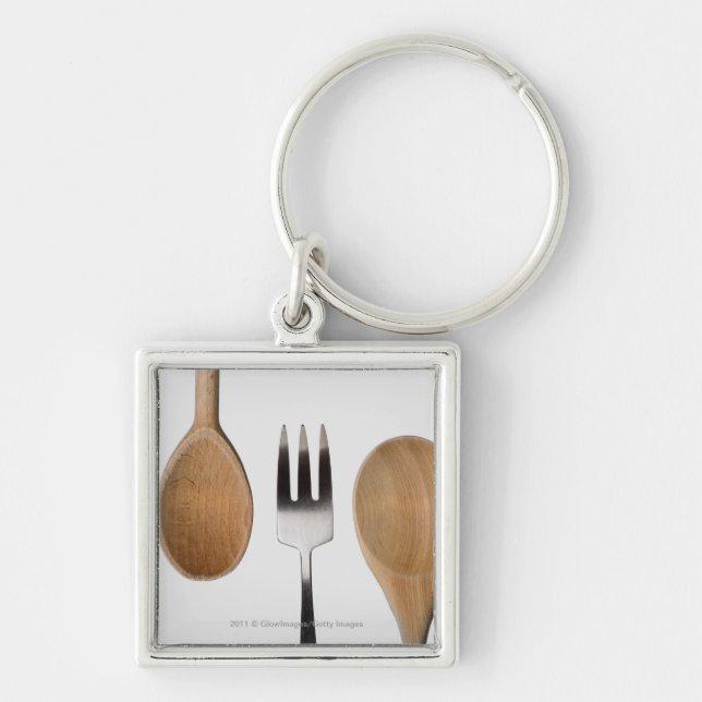 Close-up of a fork with a wooden spoon keychain (Front)