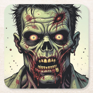 Close Up of a Pop Art Zombie Halloween Square Paper Coaster