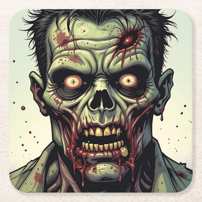 Close Up of a Pop Art Zombie Halloween Square Paper Coaster (Front)
