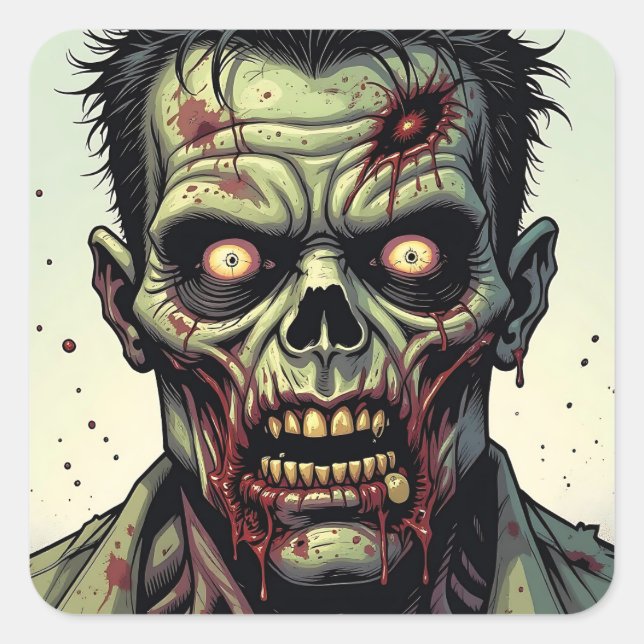 Close Up of a Pop Art Zombie Halloween Square Sticker (Front)