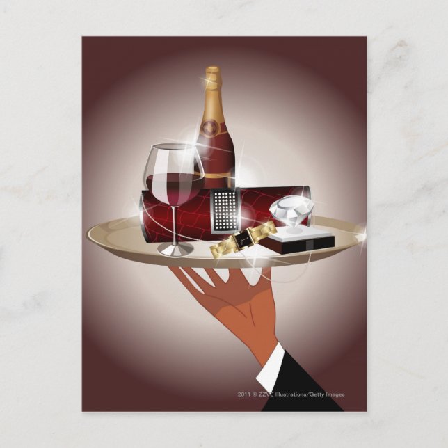 Close-up of a waiter's hand holding a tray postcard (Front)