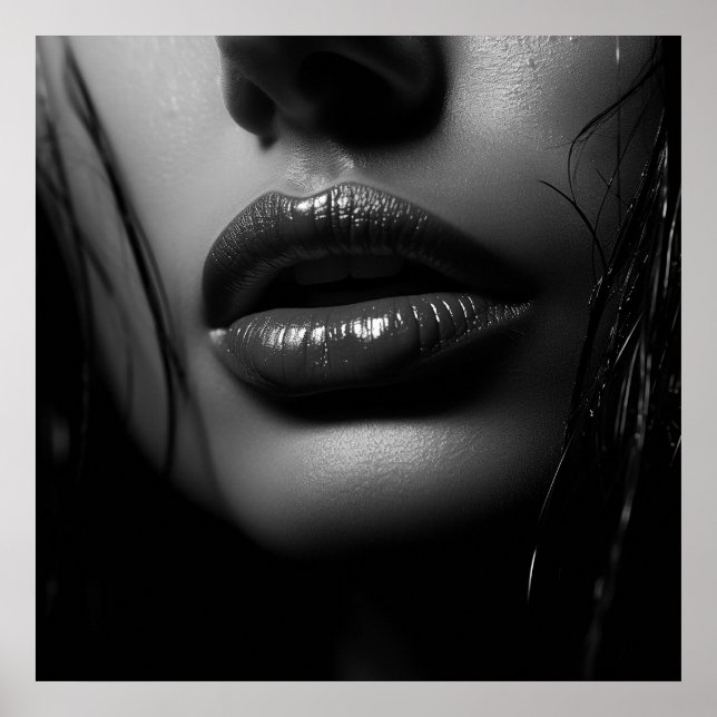 Close up of a woman's parted lips B&W photo Poster (Front)