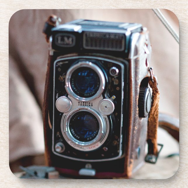 Close-up of an antique camera coaster (Front)