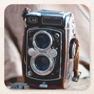 Close-up of an antique camera square paper coaster