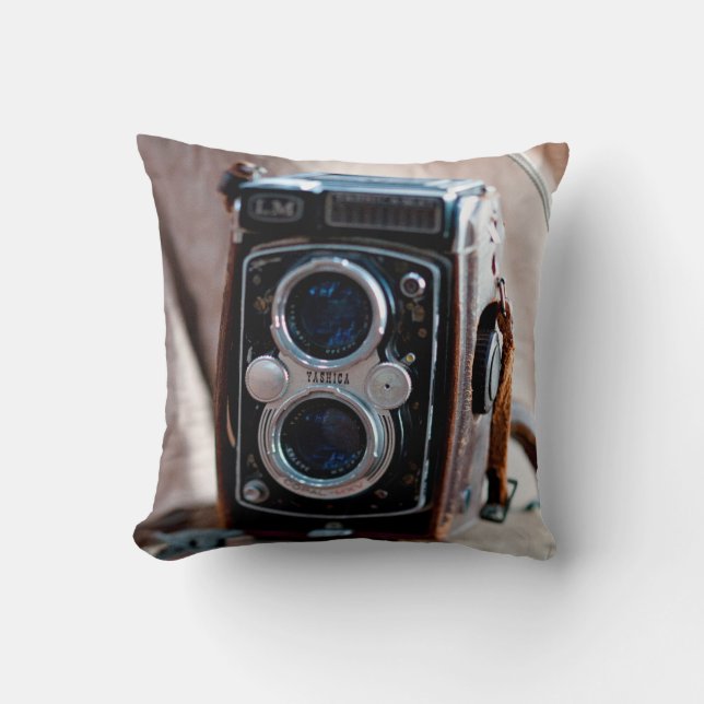 Close-up of an antique camera throw pillow (Front)