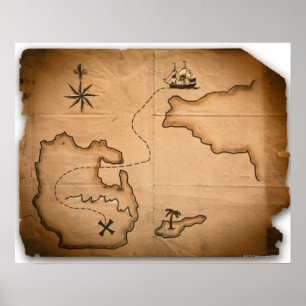 Close up of antique world map with ship route poster
