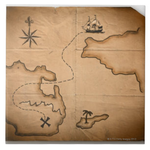 Close up of antique world map with ship route tile