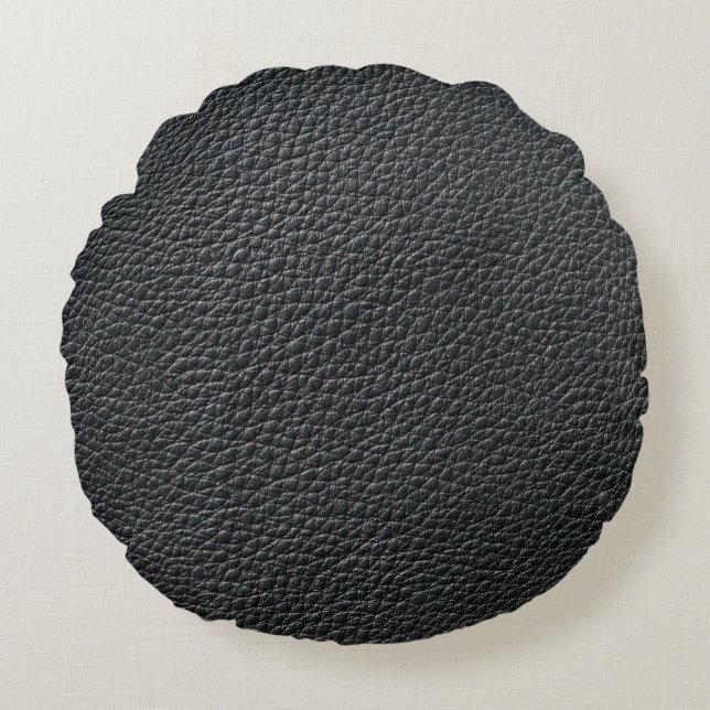 Close up of black leather texture and backgroundle round pillow (Front)