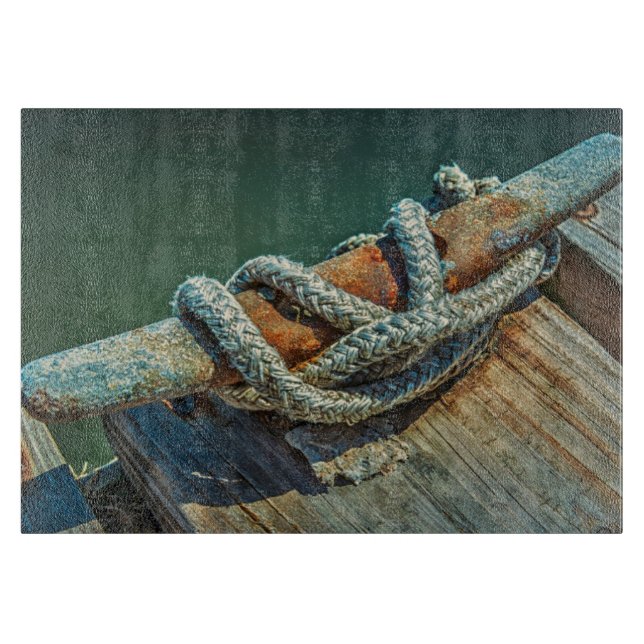 Close-up of boat cleat and rope cutting board (Front)