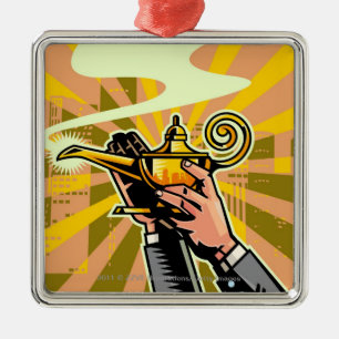 Close-up of businessman holding magic lamp metal ornament
