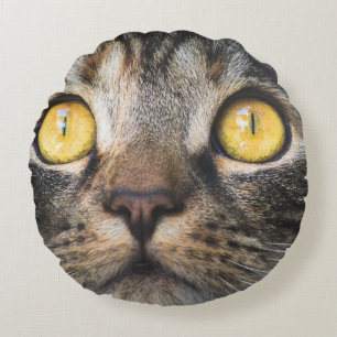 Close-up of Cat with Yellow Eyes Round Pillow