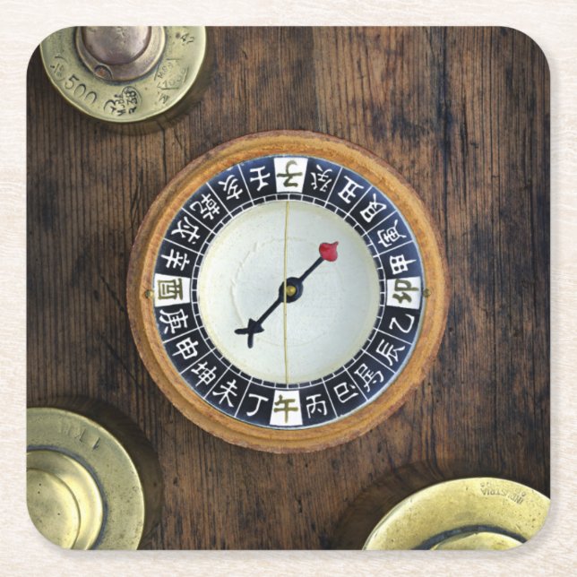 Close Up Of Chinese Compass And Gold Weights Square Paper Coaster (Front)