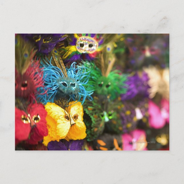 Close-up of colourful miniature masks in a New Postcard (Front)