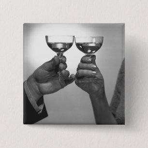 Close up of couple toasting with white wine B&W 2 Inch Square Button