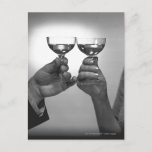 Close up of couple toasting with white wine B&W Postcard