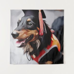 Close Up Of Dachshund Dog Wearing Graduation Hat P Tapestry