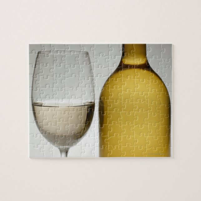 Close up of glass of white wine and wine bottle jigsaw puzzle (Horizontal)