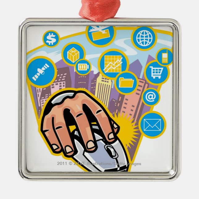 Close-up of hand on computer mouse metal ornament (Front)