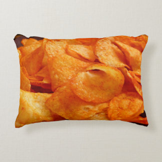 Close up of juicy, crispy, chips on black plate. accent pillow