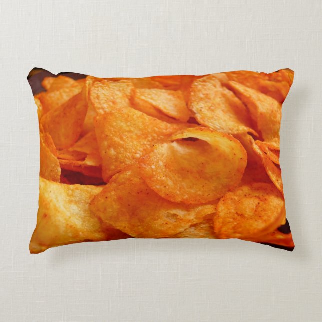 Close up of juicy, crispy, chips on black plate. accent pillow (Front)