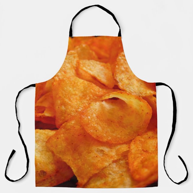 Close up of juicy, crispy, chips on black plate. apron (Front)