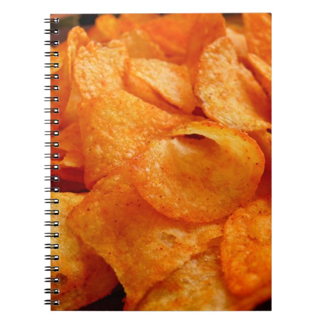 Close up of juicy, crispy, chips on black plate. notebook (Front)