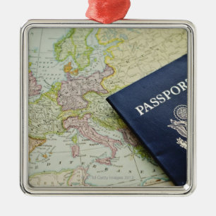 Close-up of passport lying on European map Metal Ornament