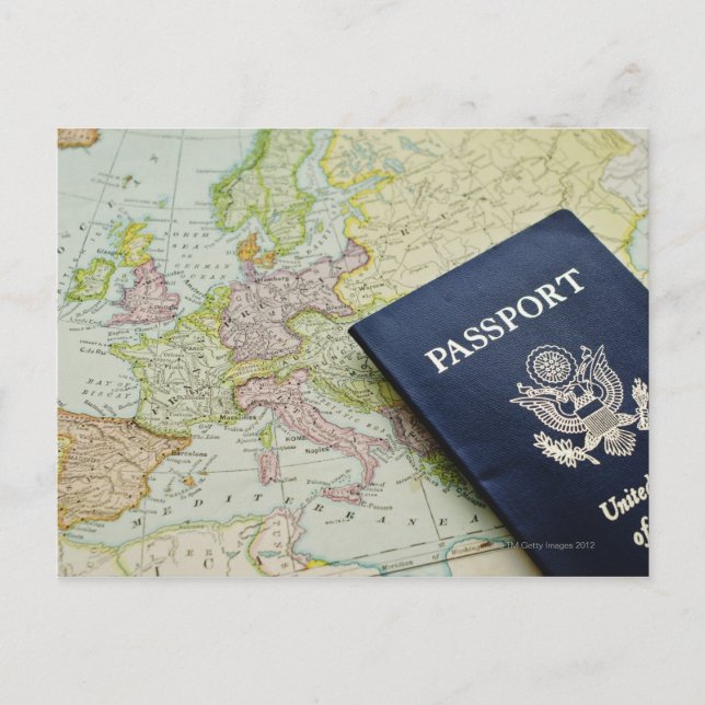 Close-up of passport lying on European map Postcard (Front)